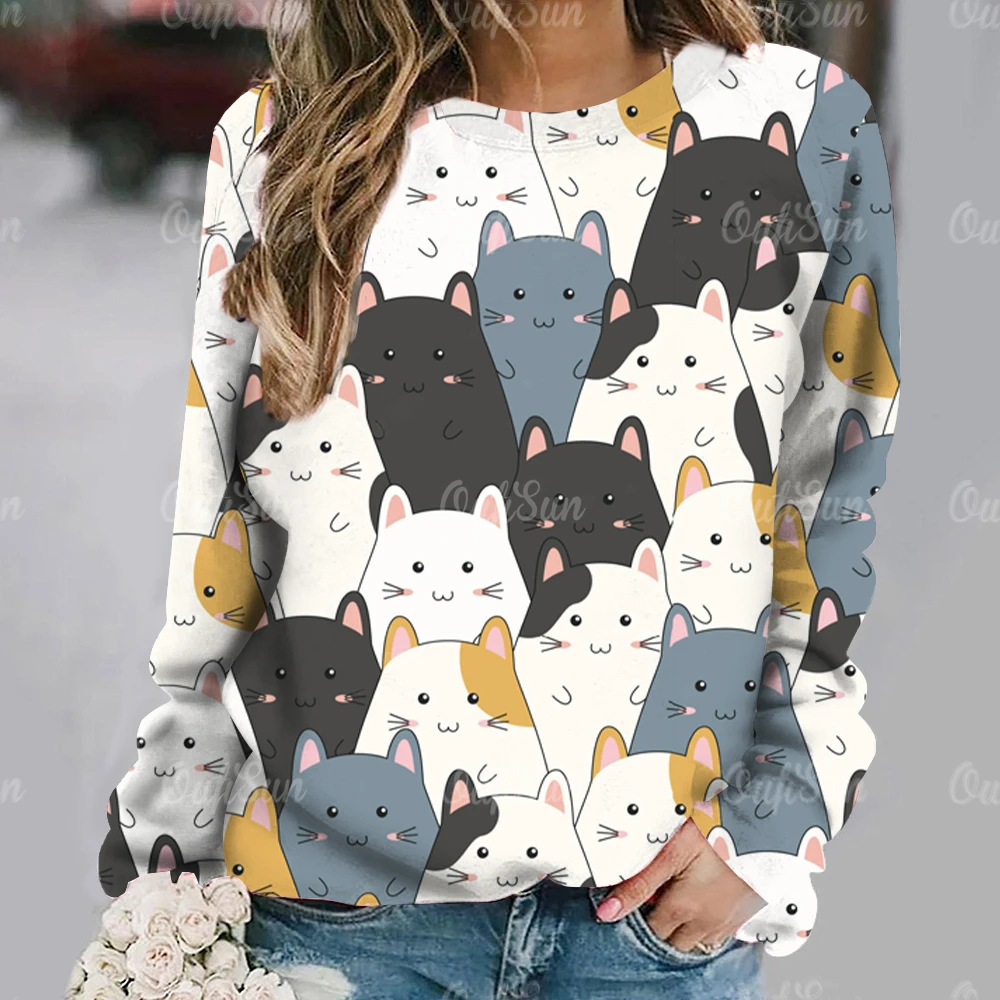 Anime Cat Pattern T Shirt For Women Autumn Round Neck Pullover Casual Long Sleeve Tops Female Oversized Daily Ladies Clothing