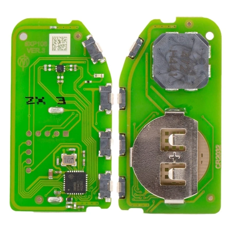4-Button Car Circuit Board with XZKA82EN Board Designation, Integrated Coin-Cell Battery and Clear Single-Board X37F