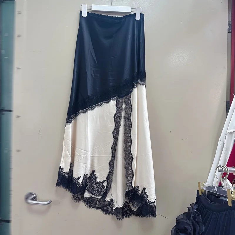 

Hit Color Sexy Asymmetrical Long Skirts for Women High Waist Patchwork Lace Hollow Split Temperament Skirt Female Clothing