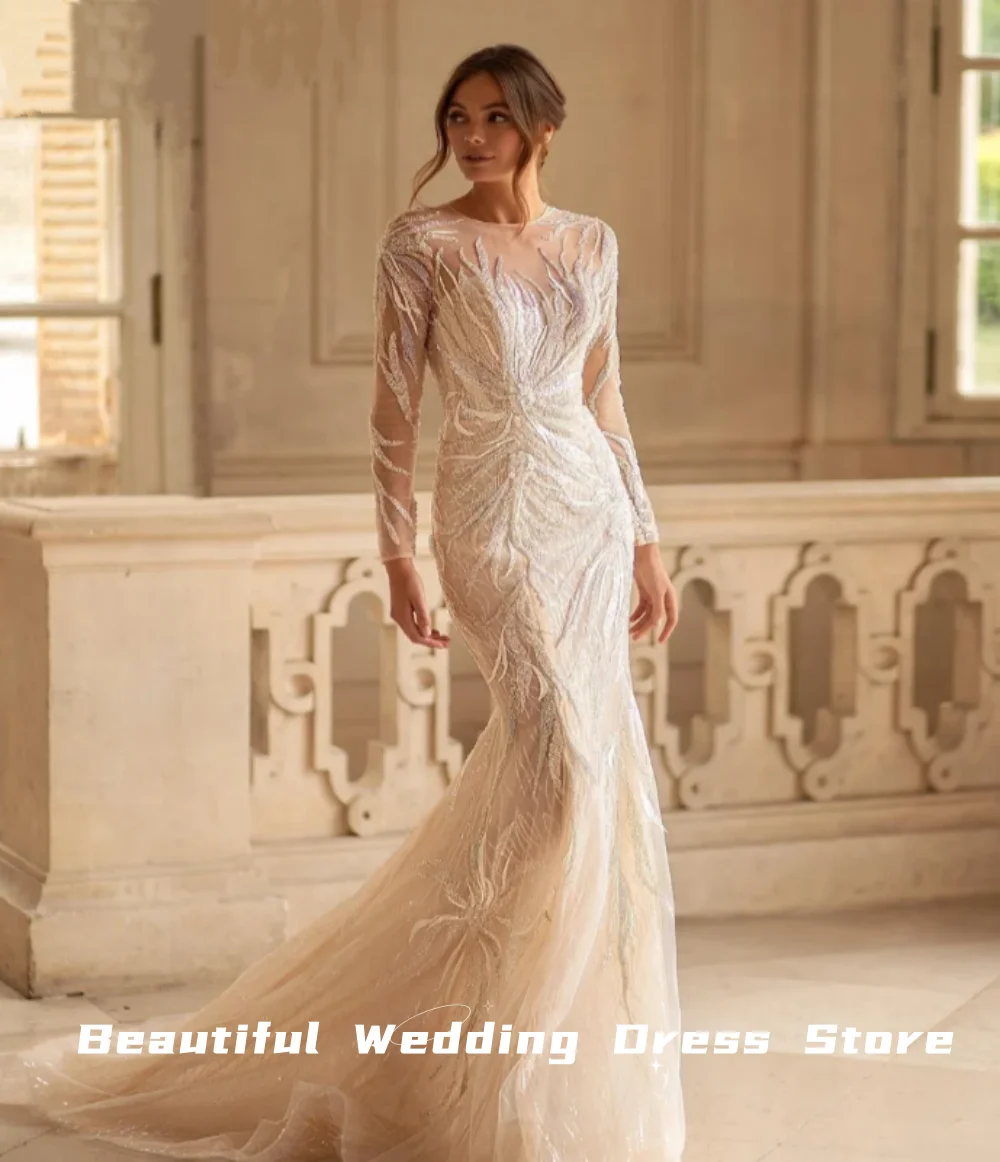 Elegant Luxury Long Sleeve Wedding Dress Sexy O-neck Lace Bridal  Floor-length Vestidos De Novia فساتين سهرة Wedding dresses