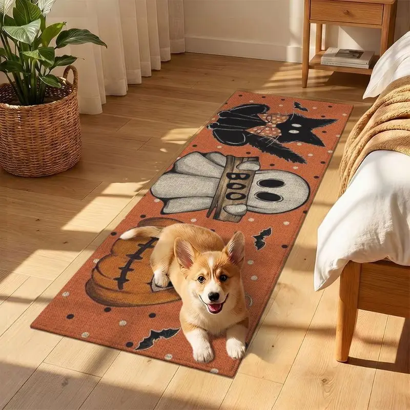VIKAMA Orange Polka Dot BOO Ghost Rug, Cute Halloween Non-Slip Carpet, Aesthetic Bedroom Kitchen Fall Holiday Decor - view 3