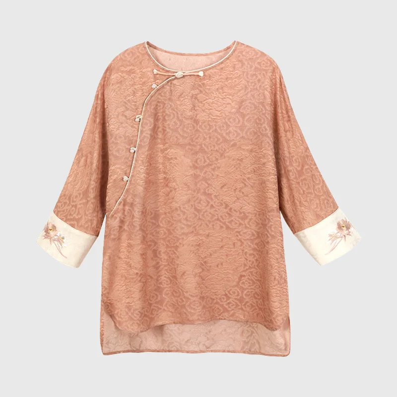 High Quality Women's Autumn Chinese Style Clothing Embroidered Crew Neck Side Opening Knot Button Top Silk Jacquard Zen Blouse