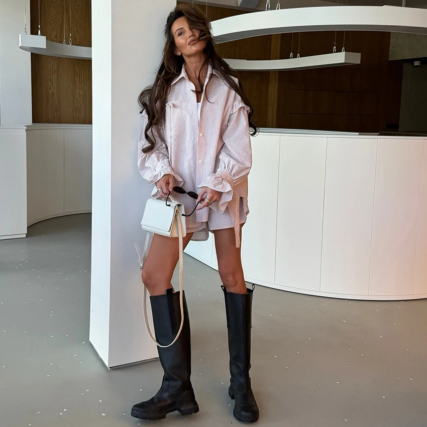 

Linad Vintage Stripe Single-Breasted Shirt Suit Casual High Waist Shorts And Ruffles Flare Sleeve Blouse 2 Piece Sets Women 2025