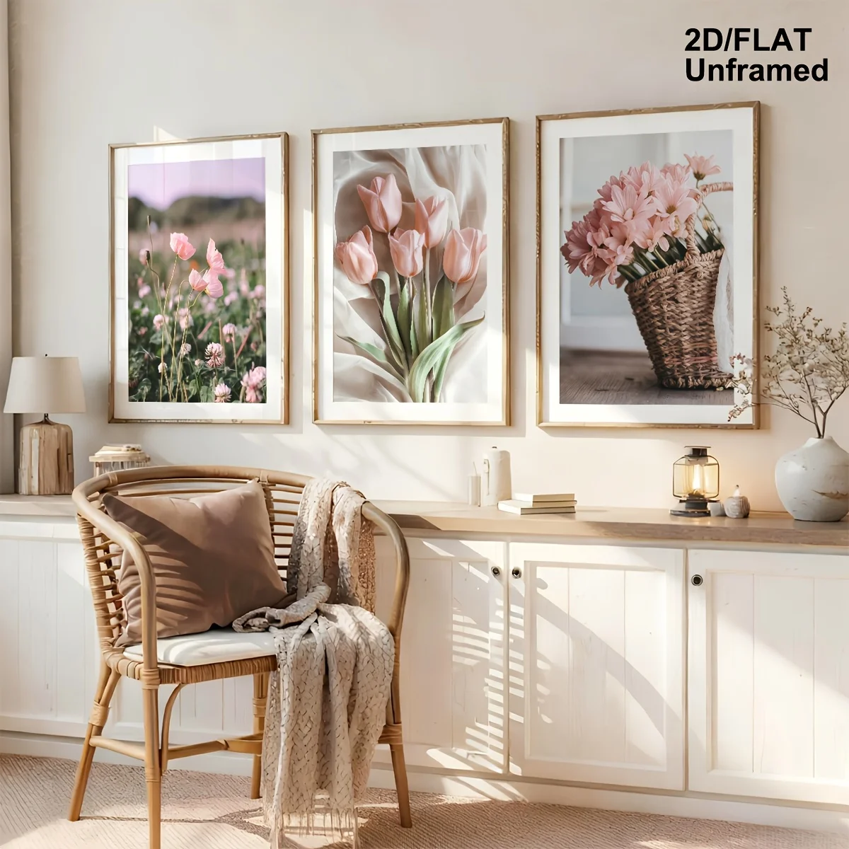 3pcs/set Pink Tulip Flower Basket Plant Canvas Print Bouquet Wildflower Photography Wall Art Poster for Modern Spring Home Decor