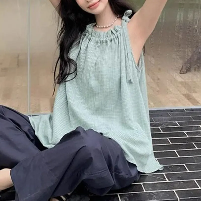 

French Style Halter Plaid Tanks Women's Clothing Sleeveless Tops Summer Shirring Fashionable Drawstring Bow Casual Loose Camis
