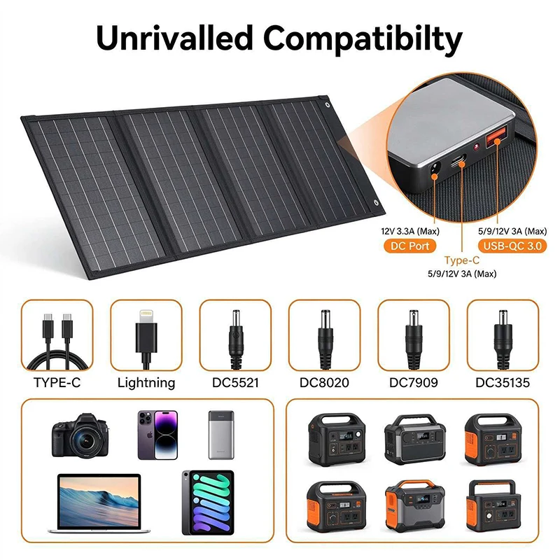 Foldable Solar Charger - Compatible with Phones, Laptops, Cameras, Fans, etc. - Ideal for Travel, Camping, and Fast Charging