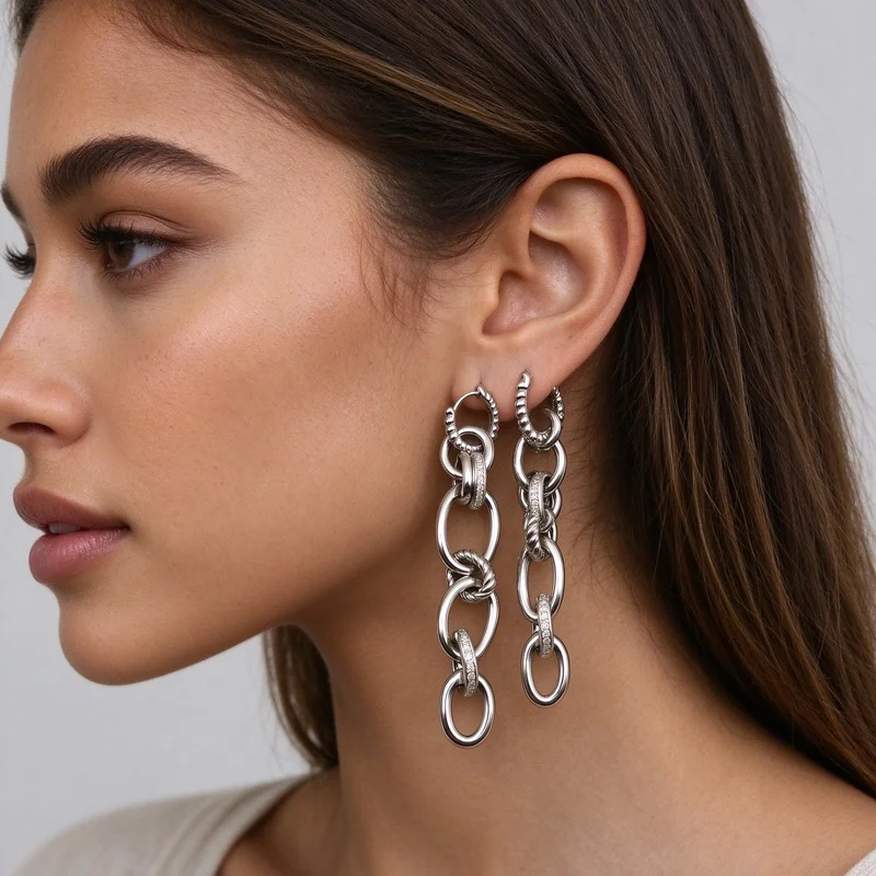 Elegant Silver Tone Chain Drop Earrings for Women, Mixed Link Dangle Earrings with Twisted Rope Texture and Sparkling Cubic Zirconia Accents, Classic Style, Lightweight Alloy Jewelry, Perfect Birthday Gift for Party, Wedding, Night Out and Daily Wear