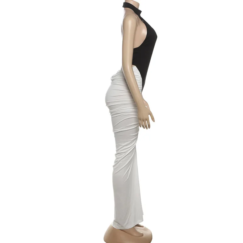 ชุดเดรสยาวปานกลางแบบผูกคอ เปิดหลัง เซ็กซี่ สไตล์แพทช์เวิร์ค สำหรับผู้หญิง ดีไซน์หรูหรา แฟชั่น สีตัดกัน แขนกุด จีบระบาย