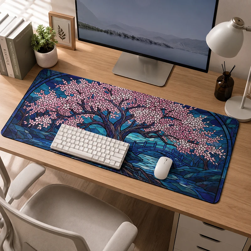 Mouse Pad Gamer Stained Glass Night Sakura XL New Large Home Mousepad XXL Mouse Mat Non-Slip Carpet Soft PC Mouse Mats