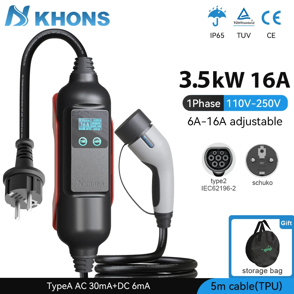 Khons Type2 16A 3.5KW Carregador EV portátil EVSE Carregamento com corrente de plugue Schuko ajustável para cabo de carregador de carro elétrico 5m