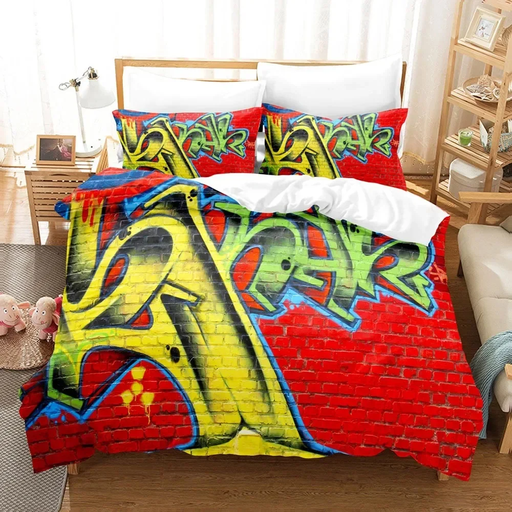 Graffiti Duvet Cover Set Teen Style Pattern Bedding Street Culture Decor Set King Queen Size Hip Hop Polyester Comforter Cover