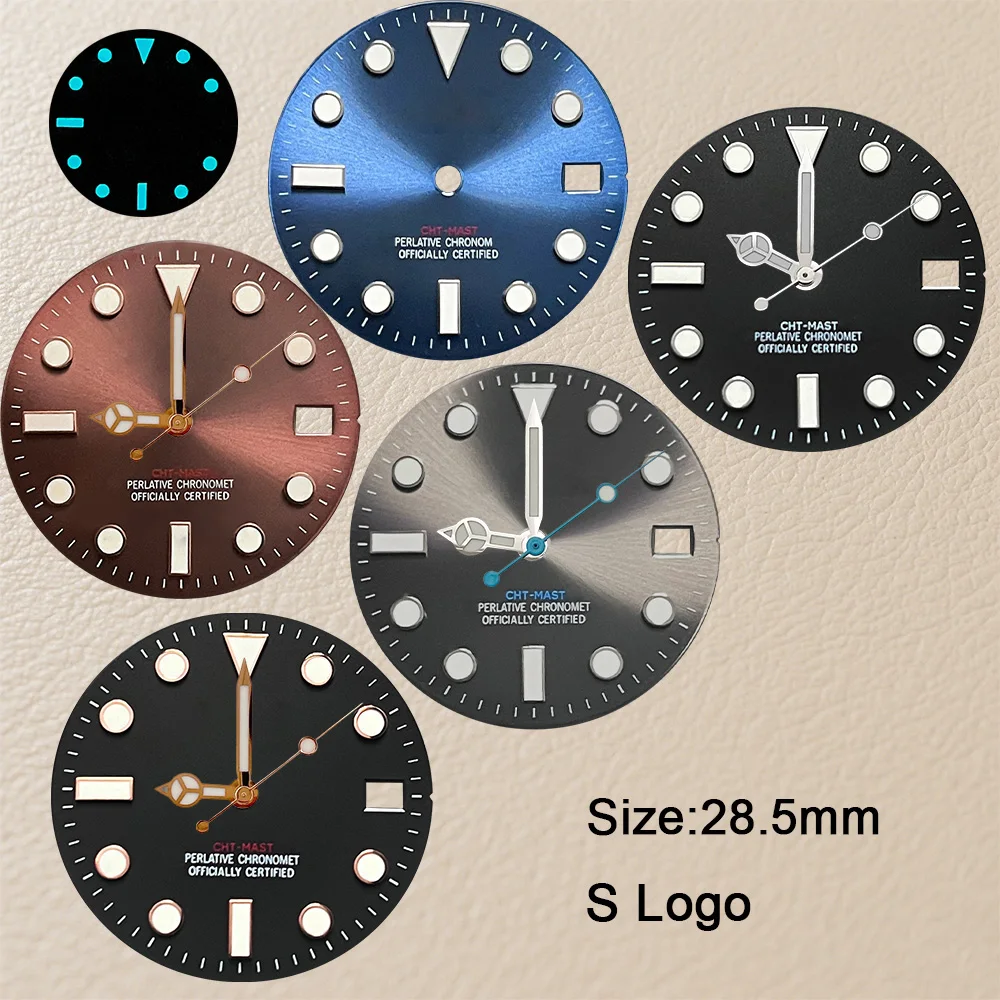 28.5mm S Logo Sunburst Dial Fit NH35/NH36/4R/7S Japanese Movement High-Quality Ice Blue Luminous Watch Modification Accessories