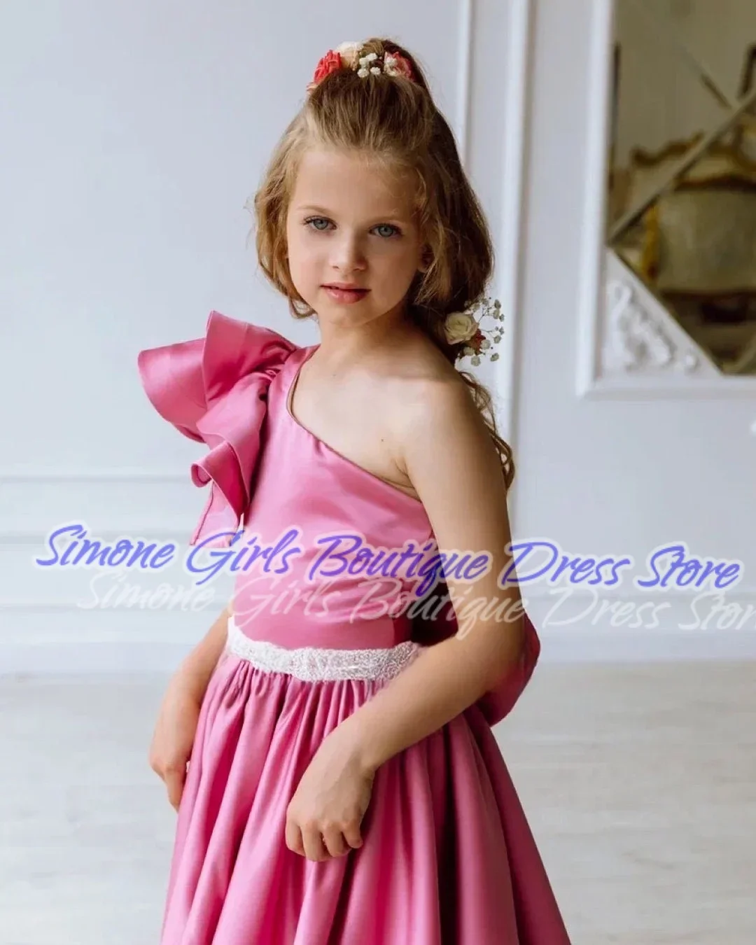 Robe à fleurs en Satin pour filles, épaules dénudées, dos nu, nœud asymétrique, pour cérémonies de mariage, spectacles de danse, réceptions formelles, fête