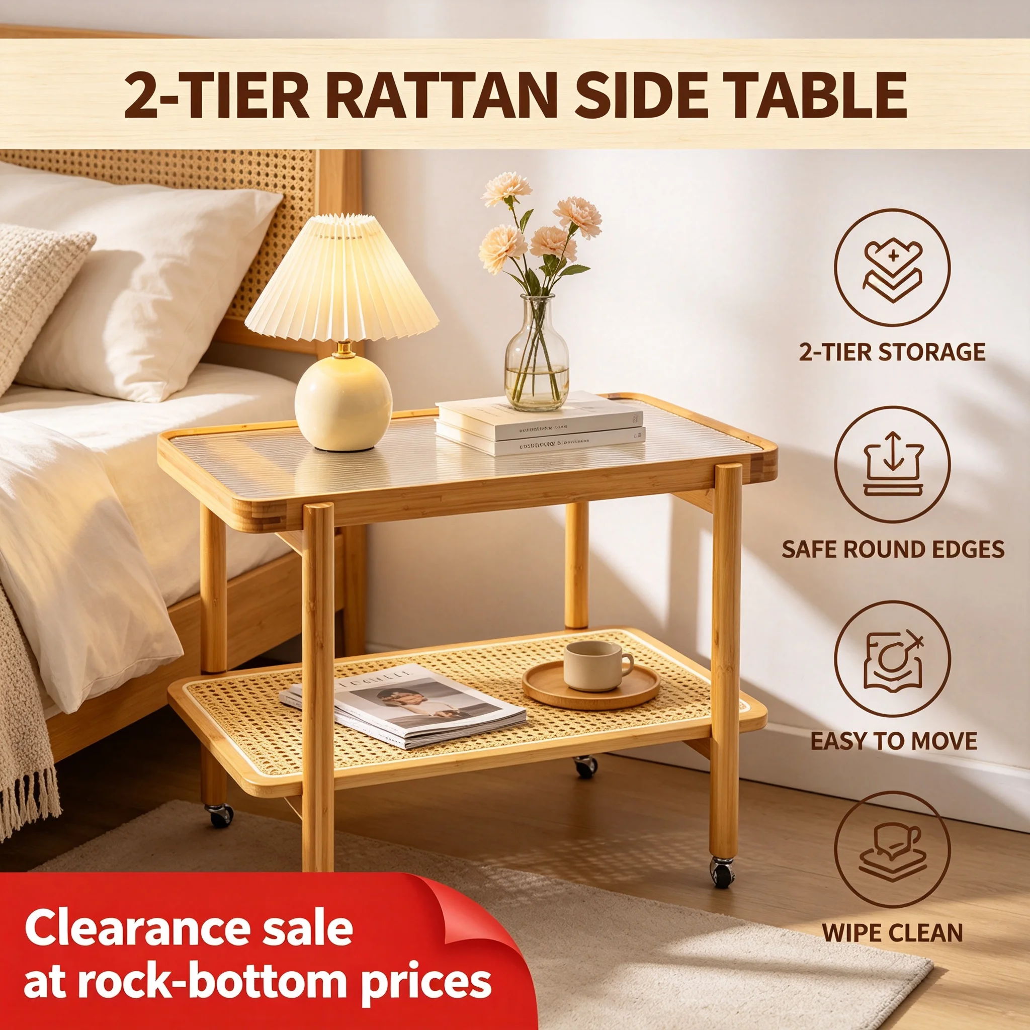 Clearance Sale 2-Tier Rolling Table 27.76x15.75x21.65in with Tempered Glass Top & Lockable Wheels, Rustic Rattan Sofa Side Table with Assembly Kit for Living Room Bedroom Office Cafe Decor