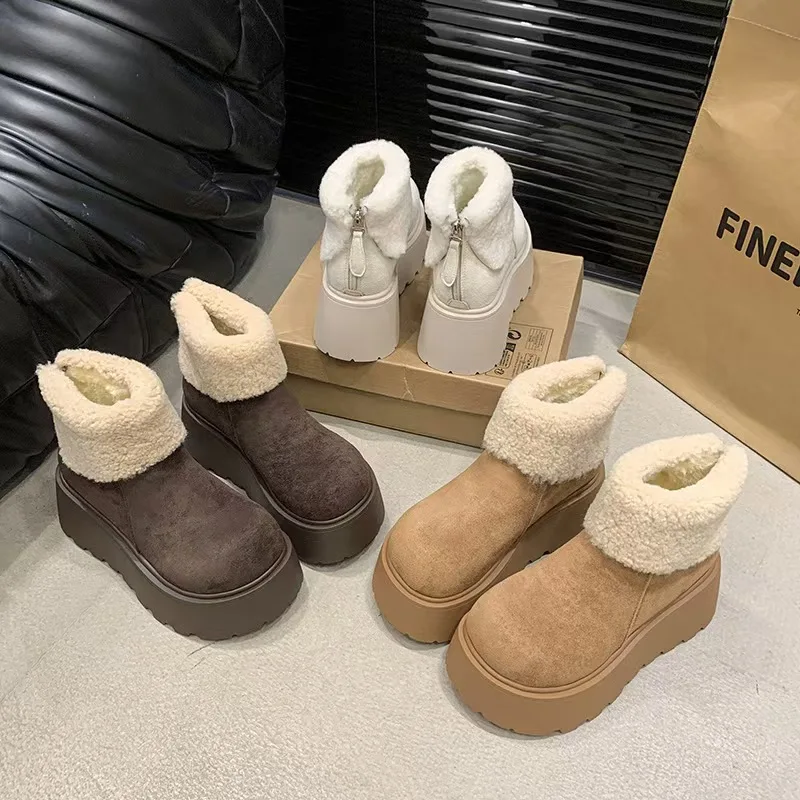 

fashion new versatile fur thick soled short boots snow boots for women with added velvet and thick sponge bottom cotton shoes