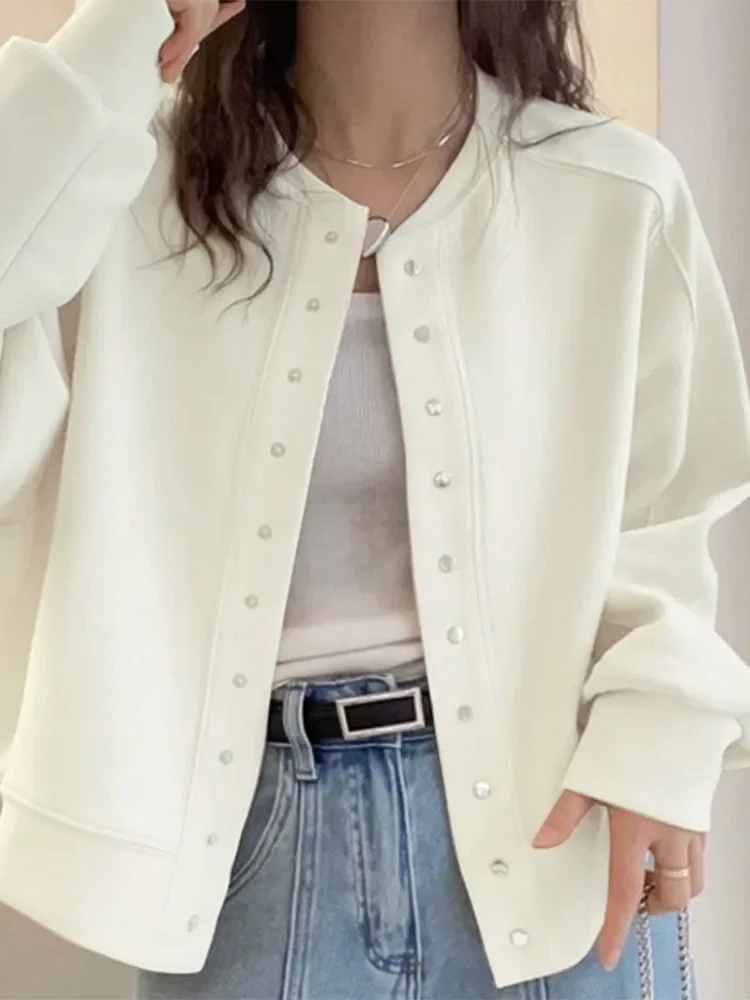 

2025 Spring Long Sleeve Women Bomber Jackets Casual Loose Button Up Streetwear Coats Korean Style Trendy Solid Sweatshirt
