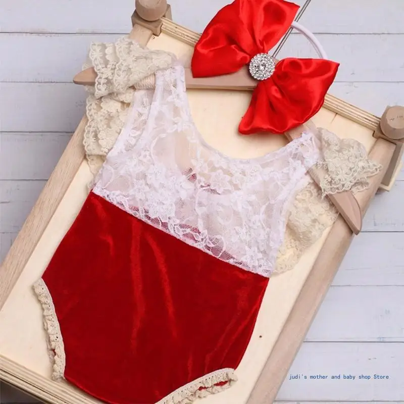 67JC pasgeboren nieuwjaar rood kostuum hoofddeksels backless romper babyfotografiekleding