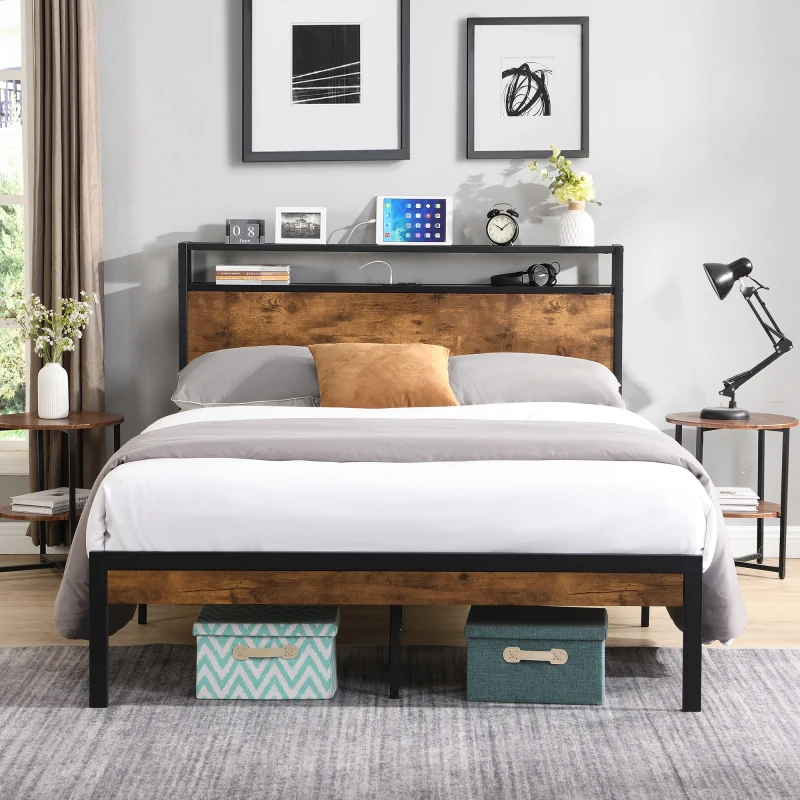 

Queen Size Metal Platform Bed Frame with Wooden Headboard and Footboard with USB LINER, No Box Spring Needed, Large Under Be