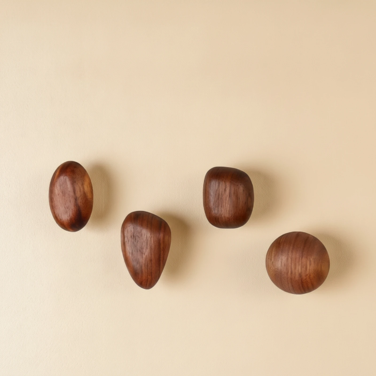 4 Pieces Wooden Wall Hook Solid Wood Pebble Wall Hook Walnut Finish Natural for Entryway, Bedroom