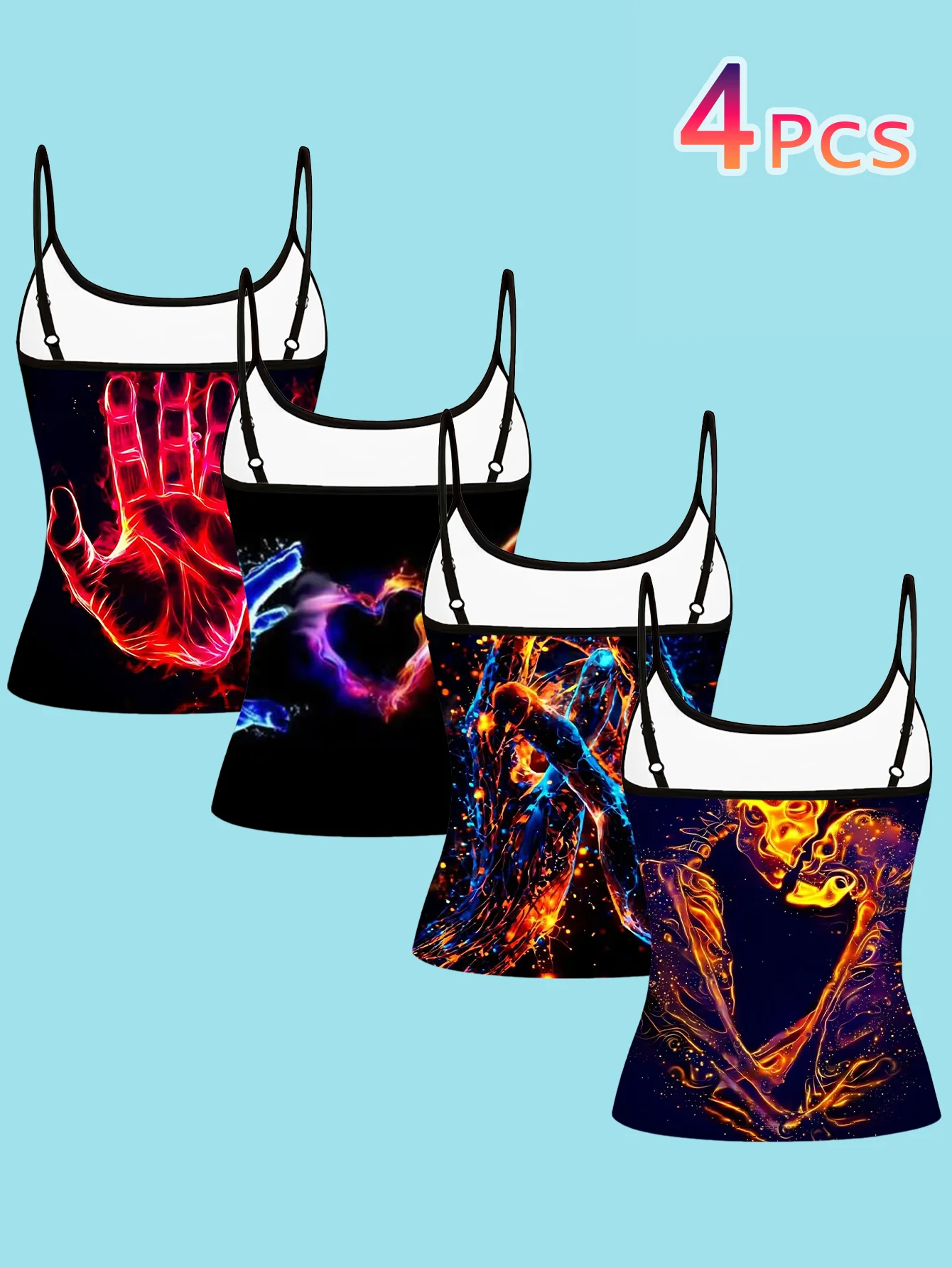 4-Piece Set of Neon Flame Art Print Camisole Tops for Women, Featuring Glowing Palms, Intertwined Hearts, Flame Faces, Abstract Thin Straps, Slim-Fit Inner Tops