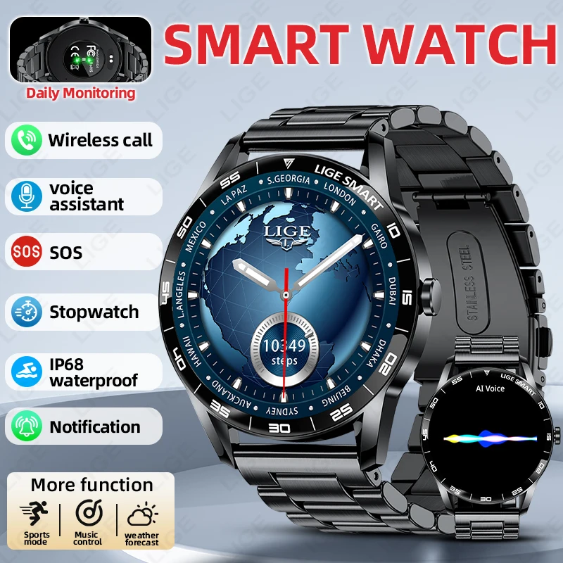 

LIGE Men Smart Watch IP68 Waterproof Bluetooth Call Heart Rate Blood Oxygen Monitoring Voice Sport Fitness Tracker Smartwatches