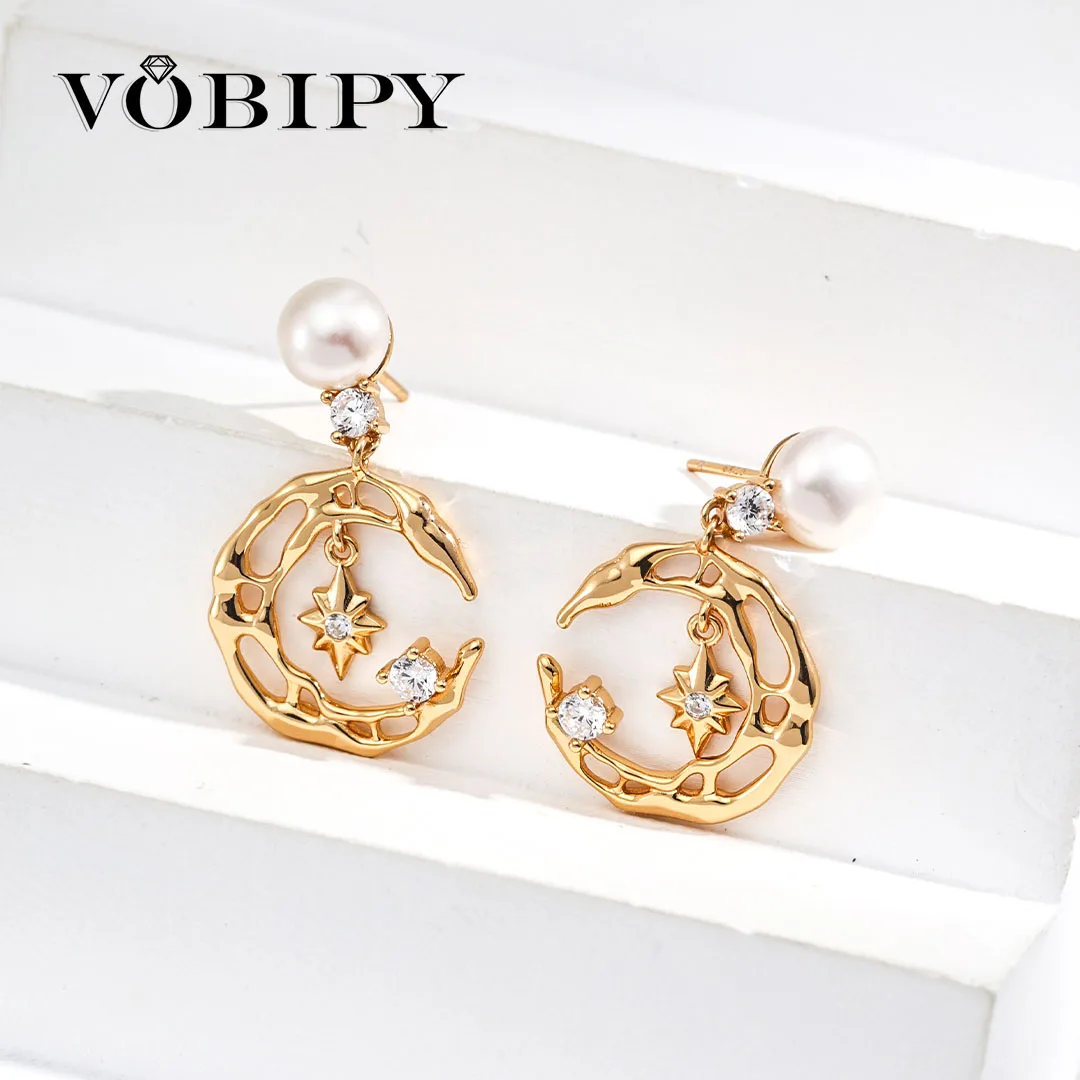 

VOBIPY 925, серебряные серьги с жемчугом и звездами и луной для женщин, серьги-капли с цирконием, подарки на свадьбу, модные украшения, пресноводный жемчуг