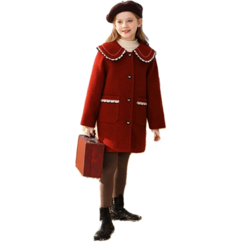 Girls Woolen Coat Jacket Windbreak 2023 Red Wine Warm Thicken Winter Cotton Overcoat Christmas Teenagers Children\'s Clothing