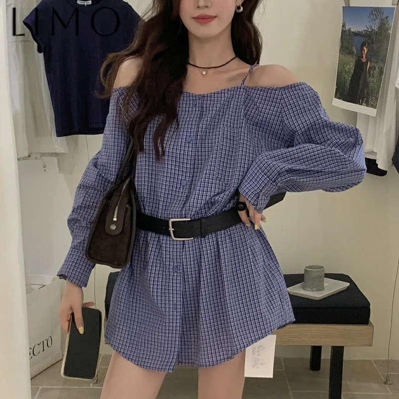 

LIMO Women's Blue Gingham Off Shoulder Shirt With Black Belt - Elegant Casual Chic Blouse Fashion Versatile Stylish Top