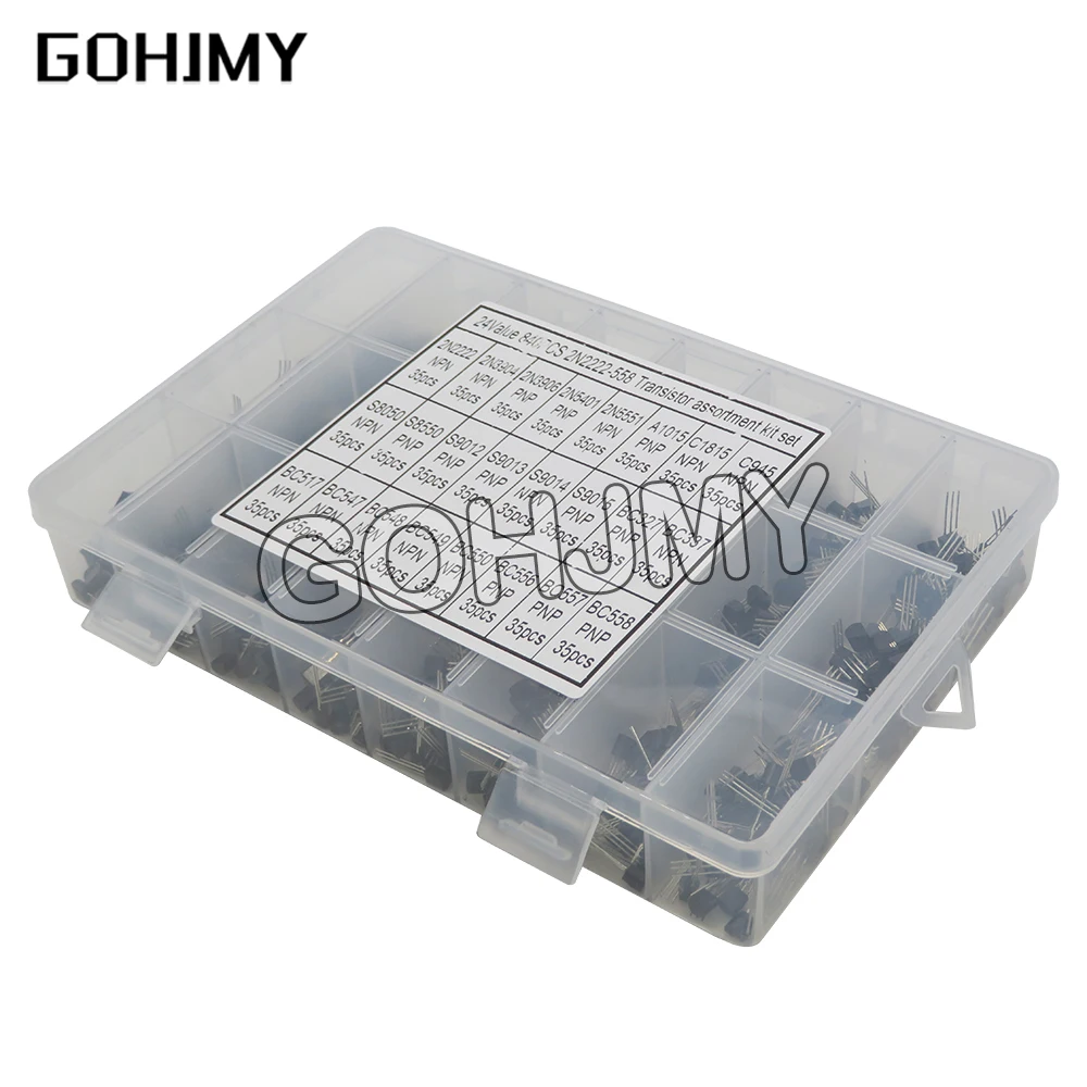 24Values 840PCS TO-92 Transistor Assortment Kit BC327 BC337 BC547 Transistor 2N2222 3904 3906 C945 Transistors Pack