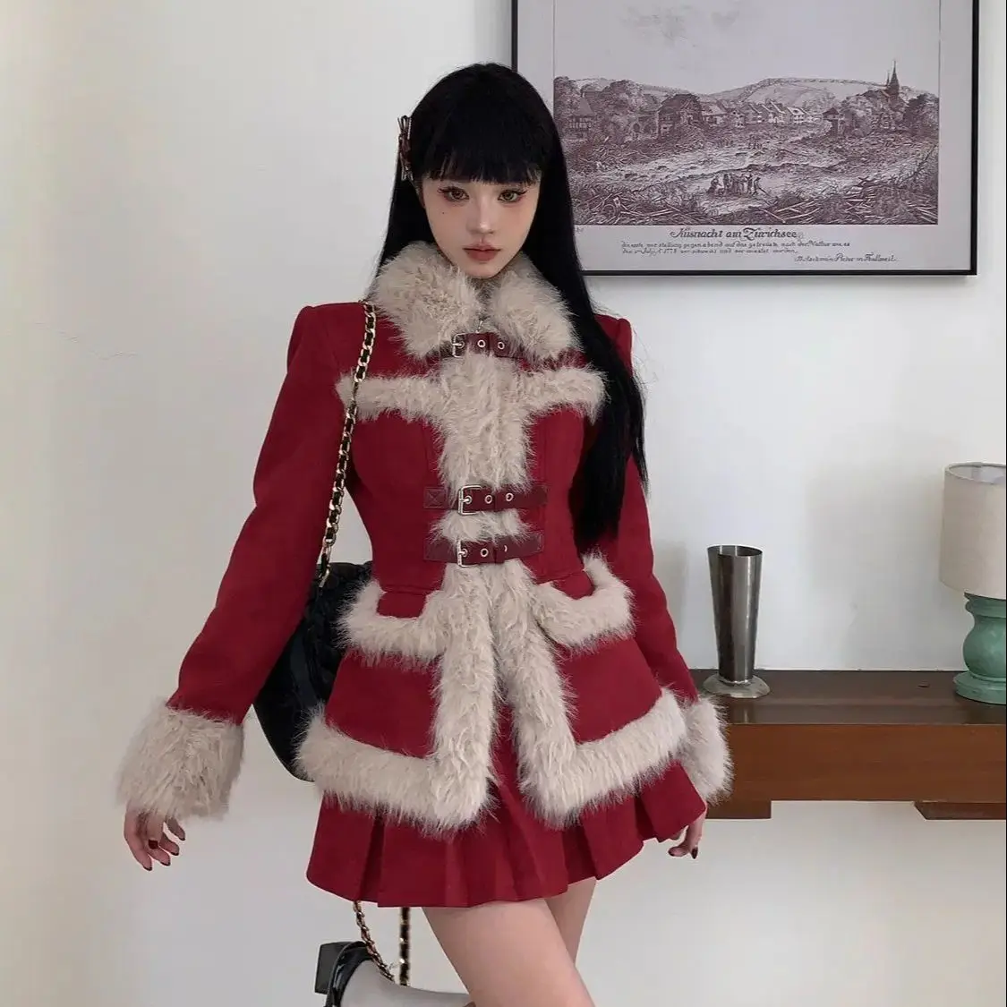 

New Year Short Skirt Suit French Socialite High-End Retro Red Plush Jacket Patchwork Waist Skirt Two-Piece Set