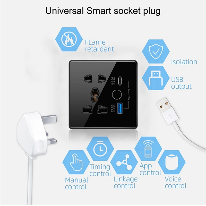 Tuya Smart Socket With Typec+USB Fast Charging Remote Timing Socket Wifi Smart British Standard 86-Type Five-Hole Socket B