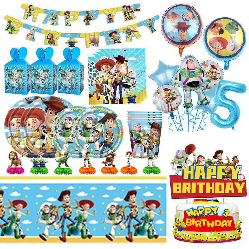 Toy Story – ensemble de vaisselle de décoration de fête d'anniversaire, gobelets, assiettes, serviettes, ballons d'arrière-plan pour enfants, fournitures d'événements de fête