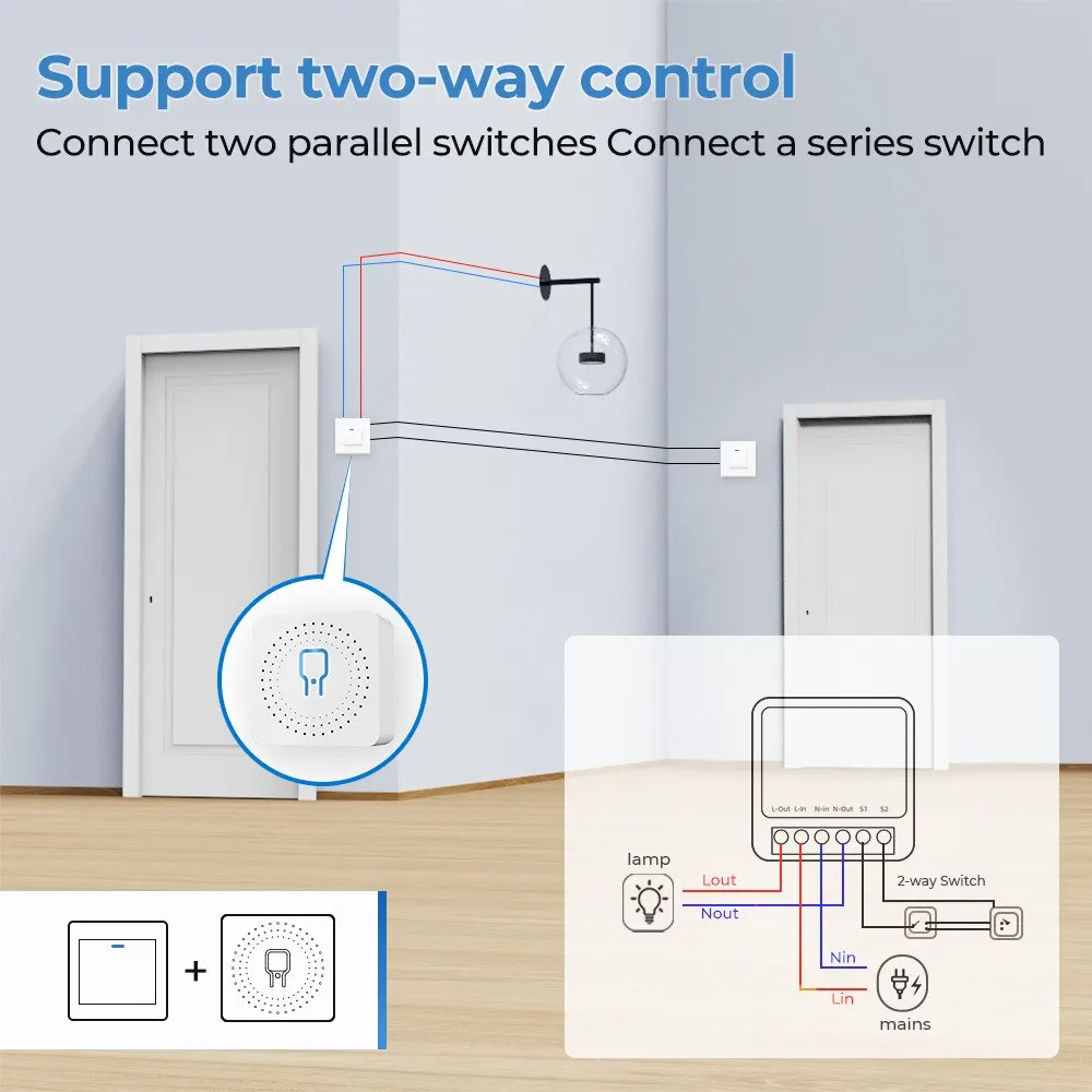 MINI interruptor Wifi de 16A para casa inteligente, de 2 vías relé de Control, Control de aplicación Smart LIfe, temporizador remoto, funciona con Alexa, Google Home, Alice