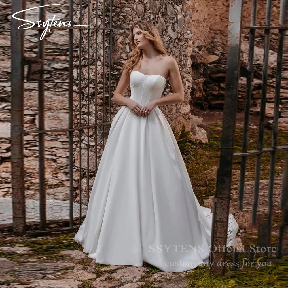 

SSYTENS Elegant Ivory A Line Wedding Dresses Sleeveless Sweetheart Floor Length Civil Bridal Gowns Satin Customized Bride Dress