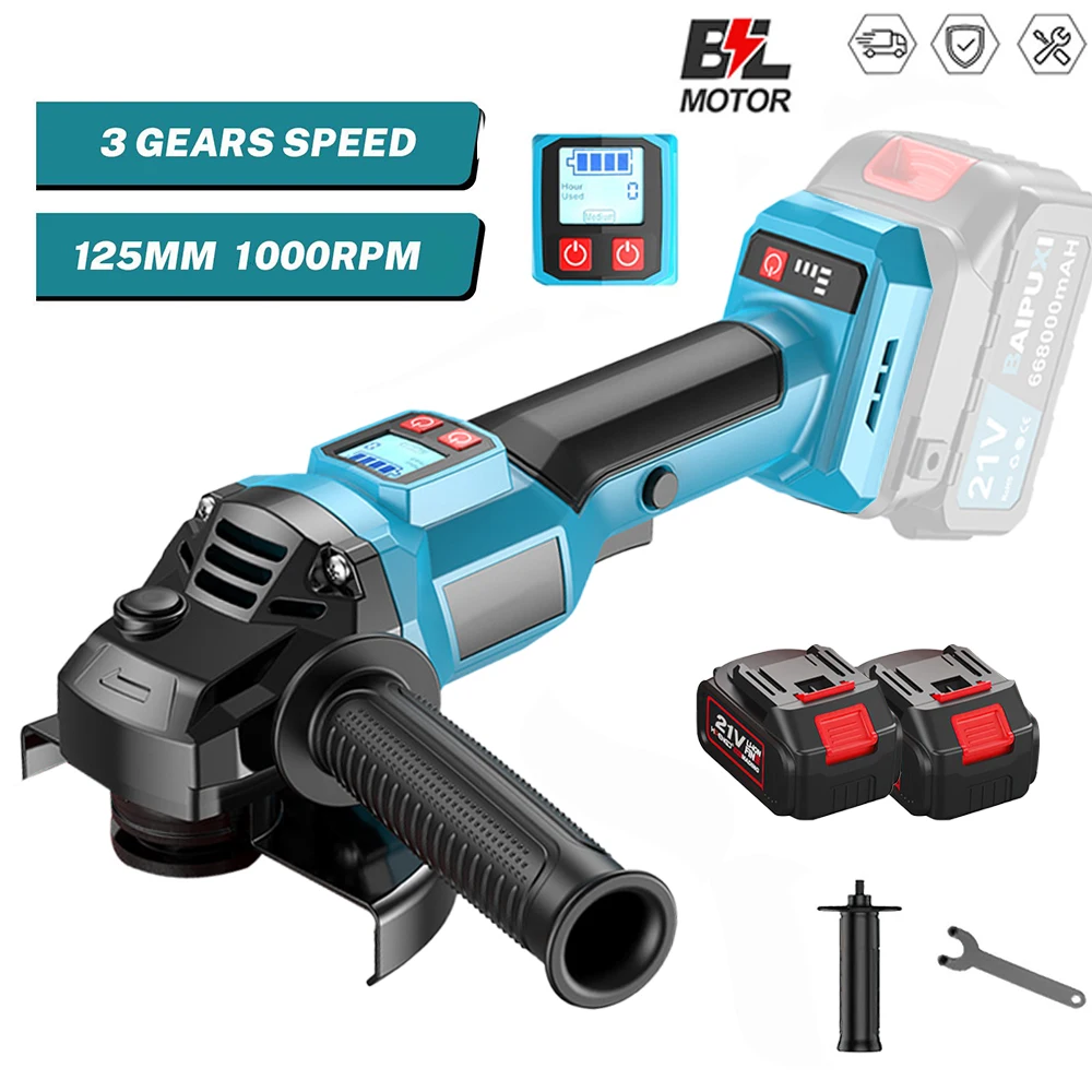 Amoladora angular eléctrica sin escobillas de 2000W, herramienta de corte con pantalla digital de 125MM, máquina de pulido multifuncional de alta resistencia para carpintería, compatible con batería Makita de 21V