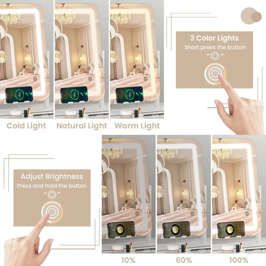 Miroir de maquillage éclairé par LED 15x12, avec chargement sans fil 12V 2A, haut-parleur Bluetooth, miroir de vanité de maquillage avec lumières, 3 couleurs Dimmab
