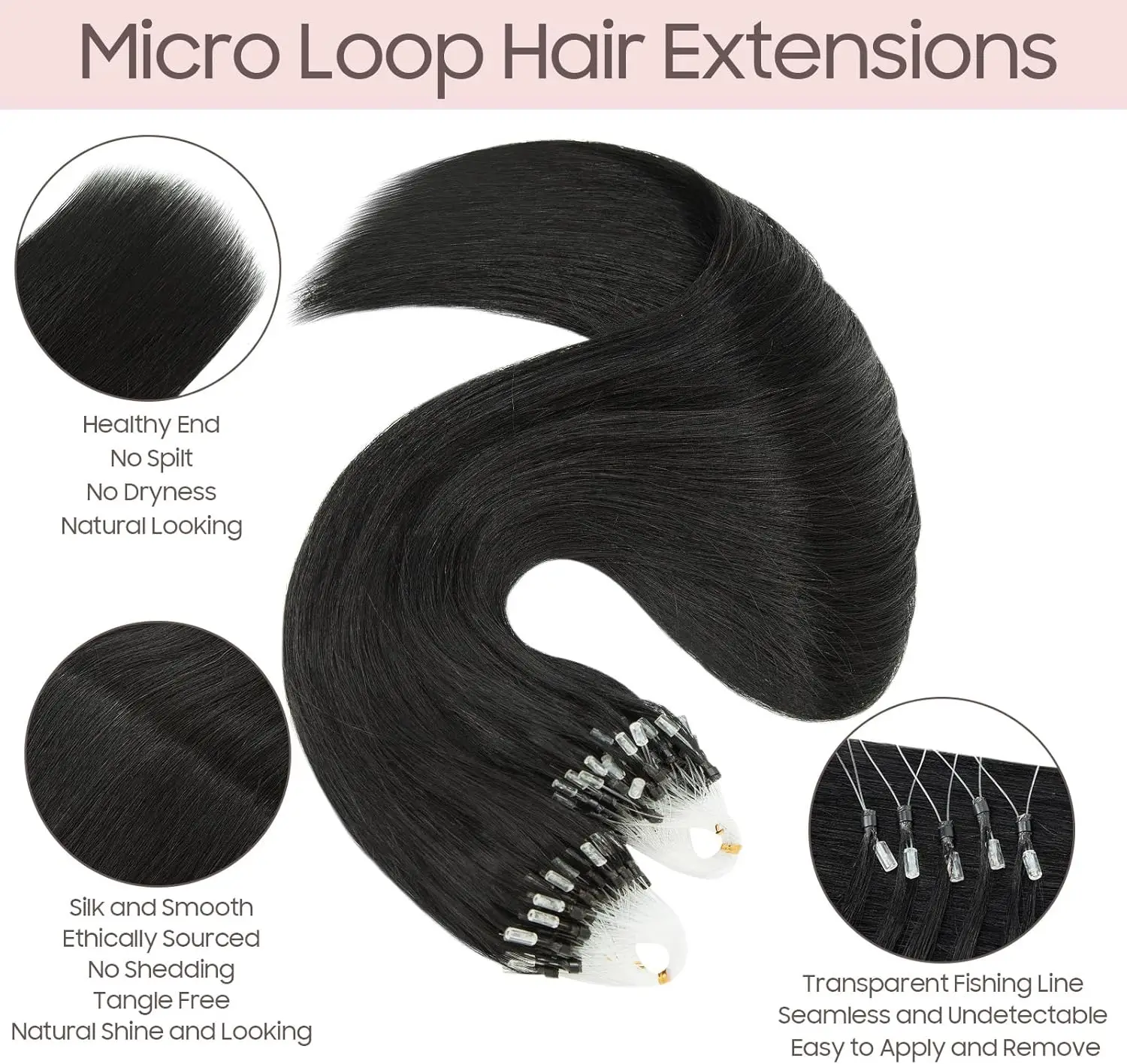 Micro Loop Human Hair Extensions - 50 Strands Thick Straight Clip-In Hair for Instant Volume & Length