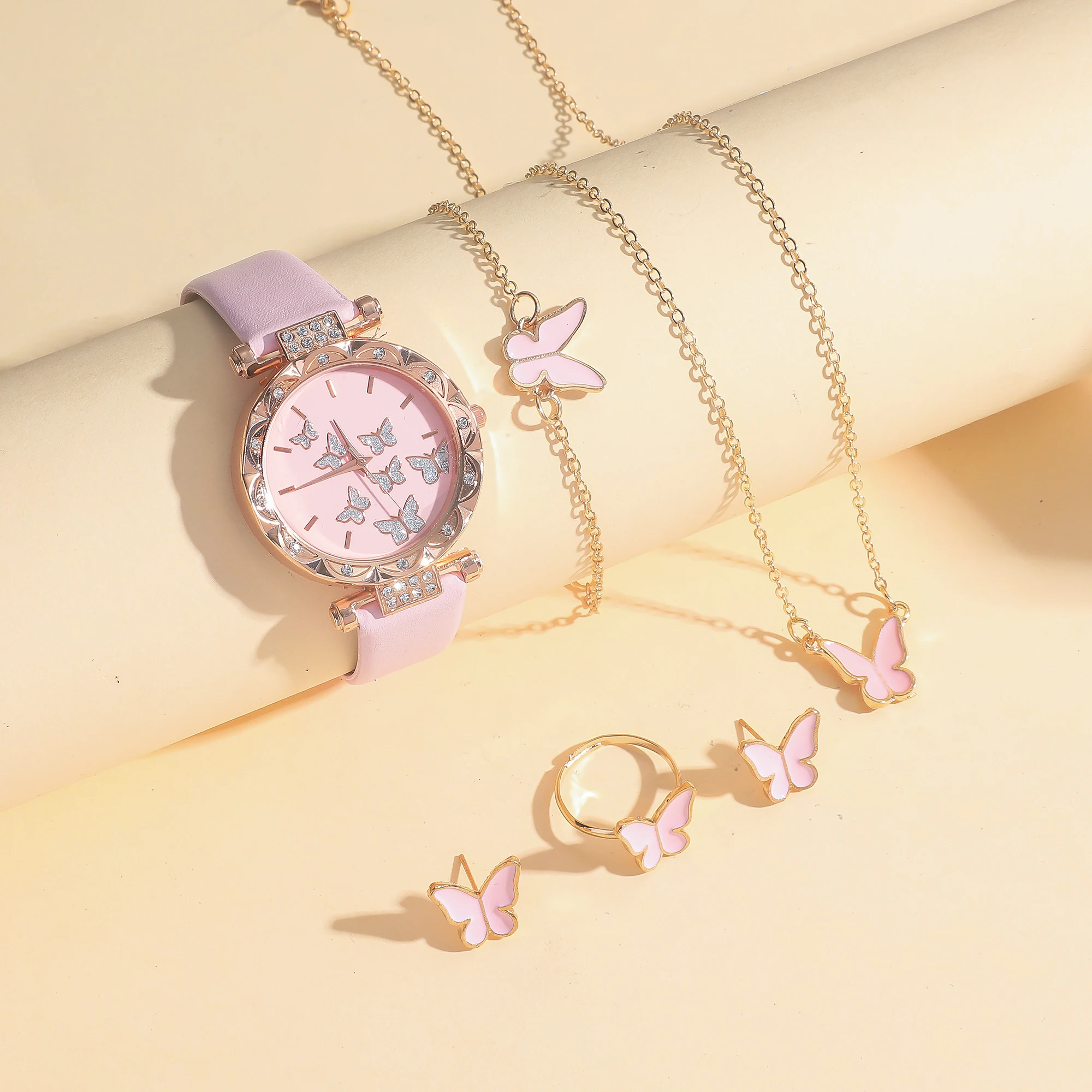 Fresh everything with pink diamond dial belt quartz watch + butterfly jewelry set student girlfriends