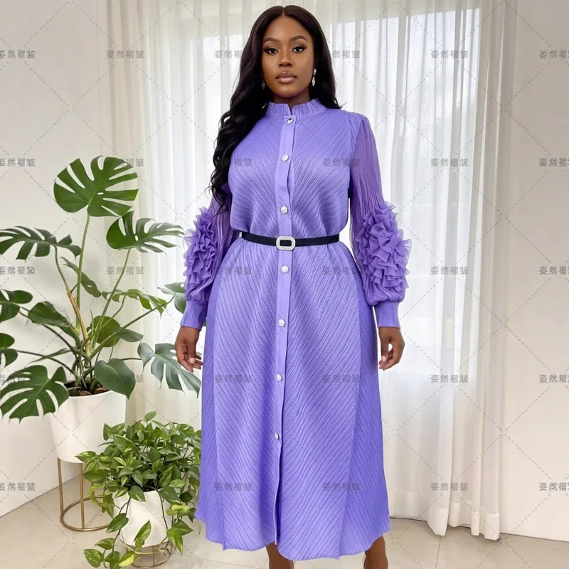 Miyake  Africa Plus Size Temperament Women's Dress Pleated Long Sleeve Single Breasted Shirt Straight Long Dress Europe America