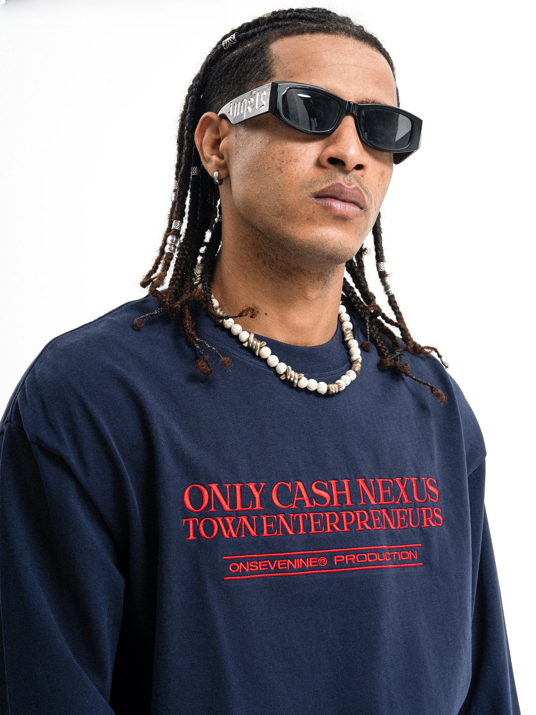 Onesevenine Pure Cotton Long Sleeve T-Shirt Embroidered Lettering Heavyweight round Neck Tee for Men And Women Autumn Winter