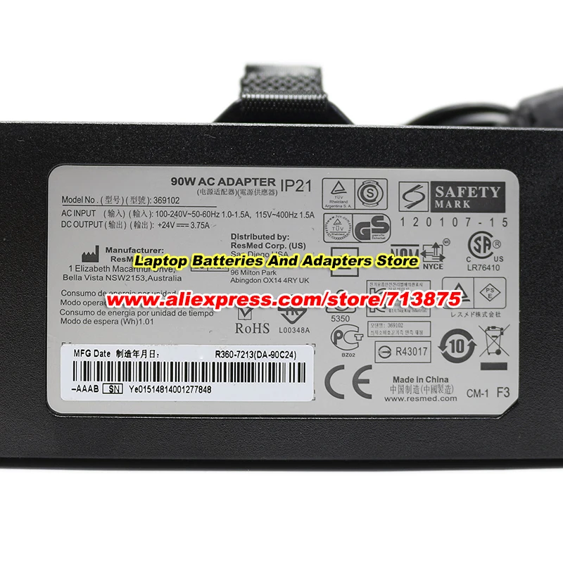 Genuine 369102 24V 3.75A 90W 3PIN AC Adapter for S9 SERIES CPAP S9 AUTOSET CPAP machines S9 IP21 IPX1 R360-760 DA-90A24