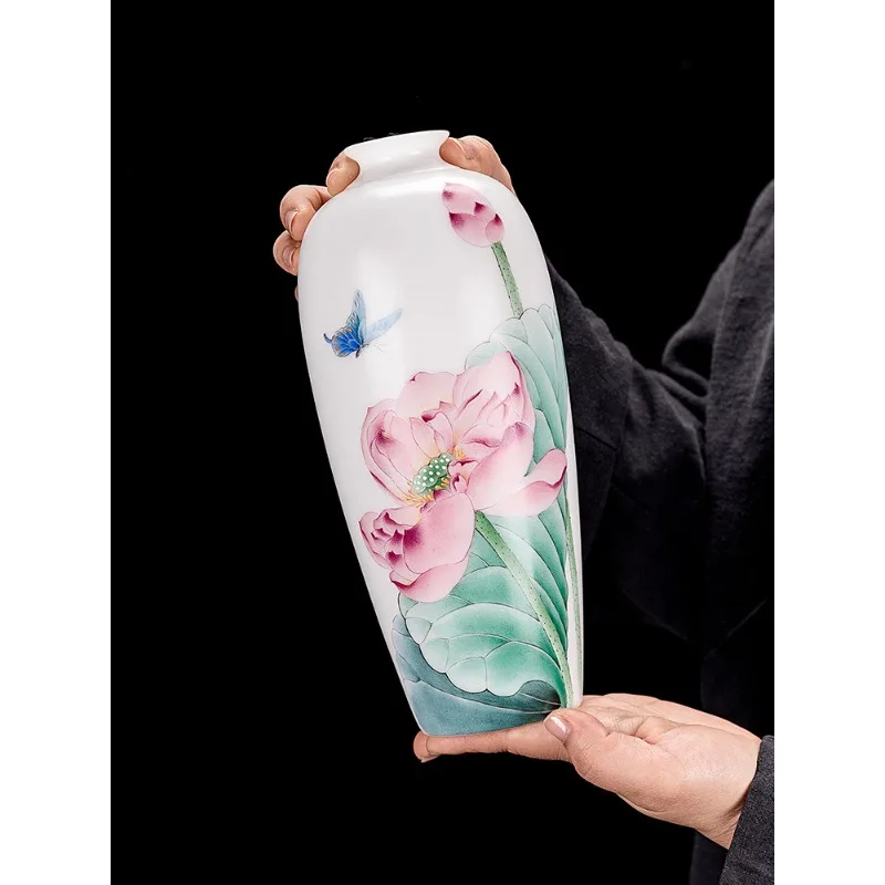 Ice Jade Porcelain Hand-painted Lotus Fragrance Small Shou Bottle Ornament with Lamp Base