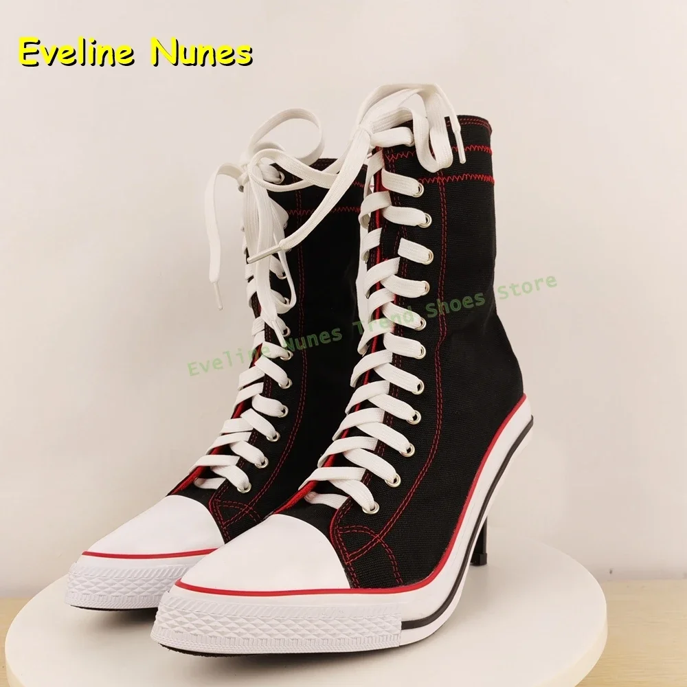 

Pointed Toe Thin Heels Mixed Colors Casual Fashion Ankle Boots Canvas Lace-Up Sewing Women Sneakers 2025 Autumn New Style Shoes
