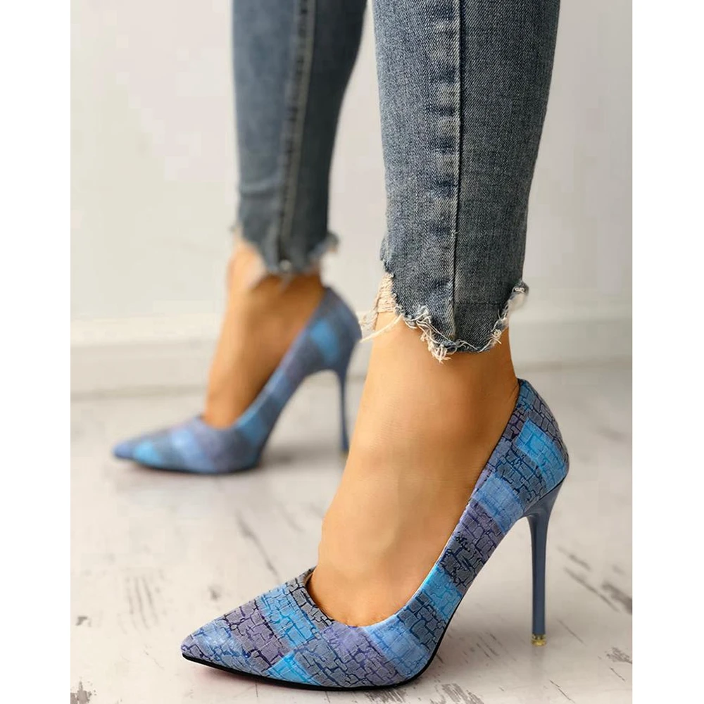 Fashion Women Color Blocking Woven Print High Heel Pointed Toe Sandals Summer Party Workwear Korean Style Outwear Sandals