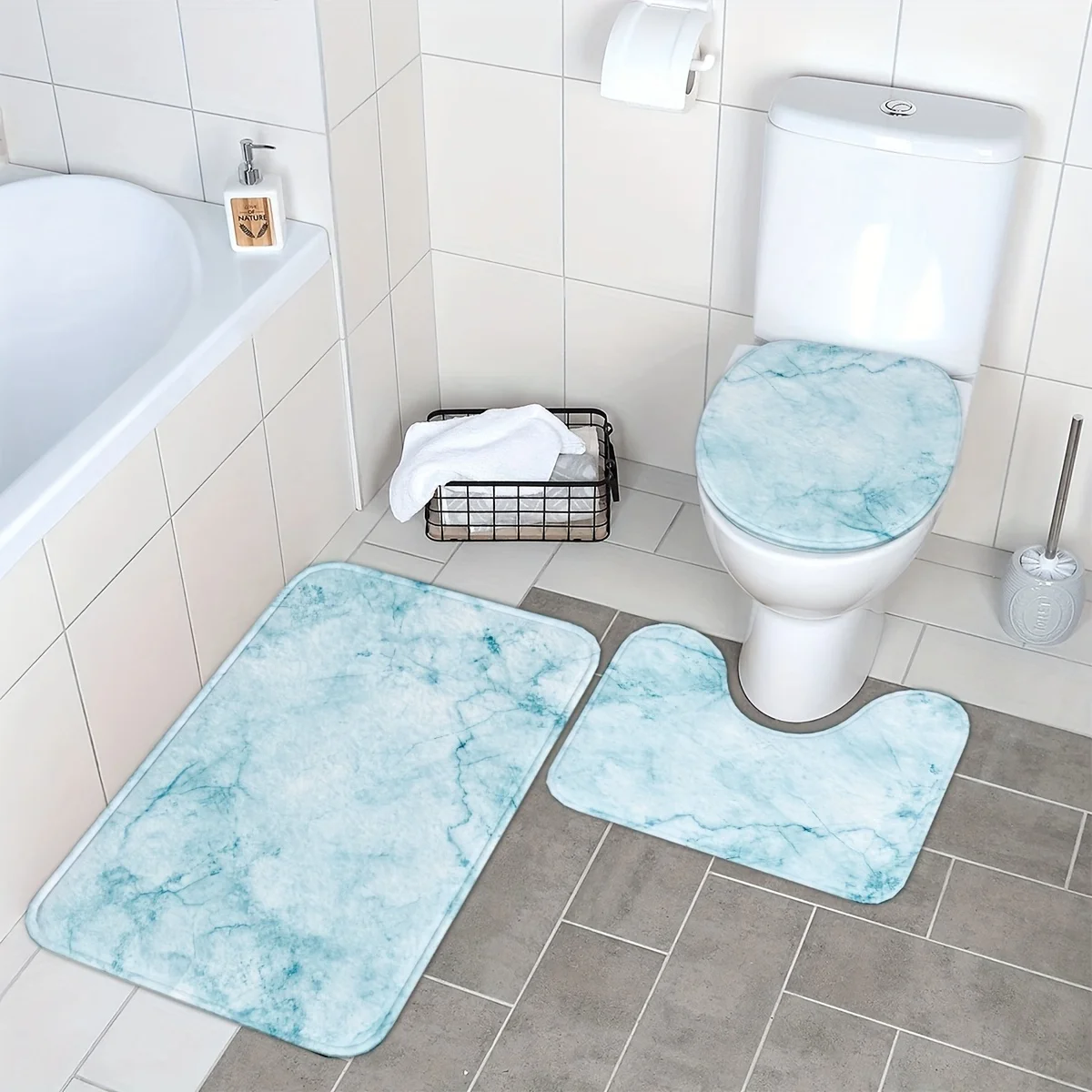 

Набор ковриков для ванной из светло-голубого мраморного мрамора, 2 предмета: нескользящий мягкий коврик для ванной, U-образный коврик для унитаза, декор для дома