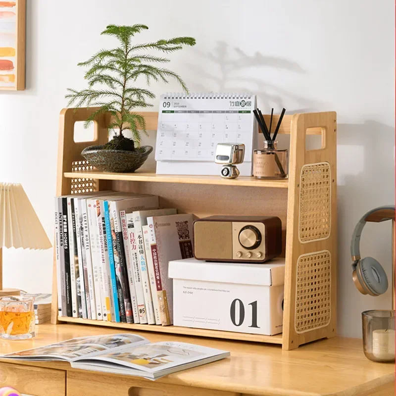 Natural Bamboo Book Shelf Resin Rattan Woven Book Cabinet Desktop Multi-layer Organizing Shelf Practical Versatile Display Stand