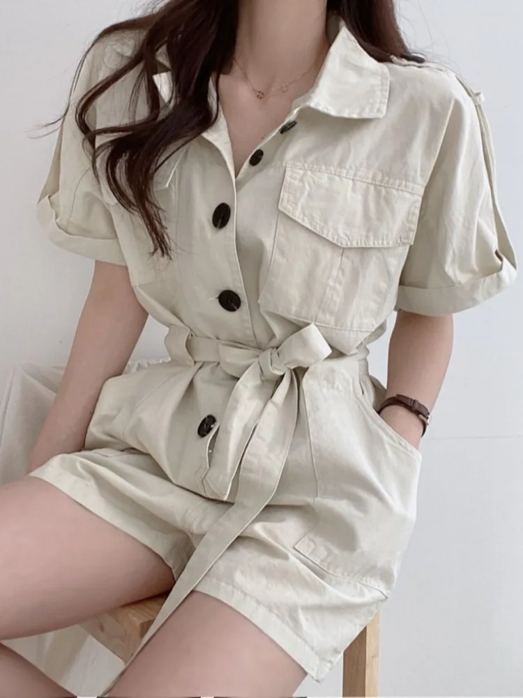 레트로 벨티드 하이웨이스트 슬리밍 유틸리티 점프수트 싱글 버튼 루즈 와이드 레그 오츠 워크웨어 슬레 여름 패셔너블