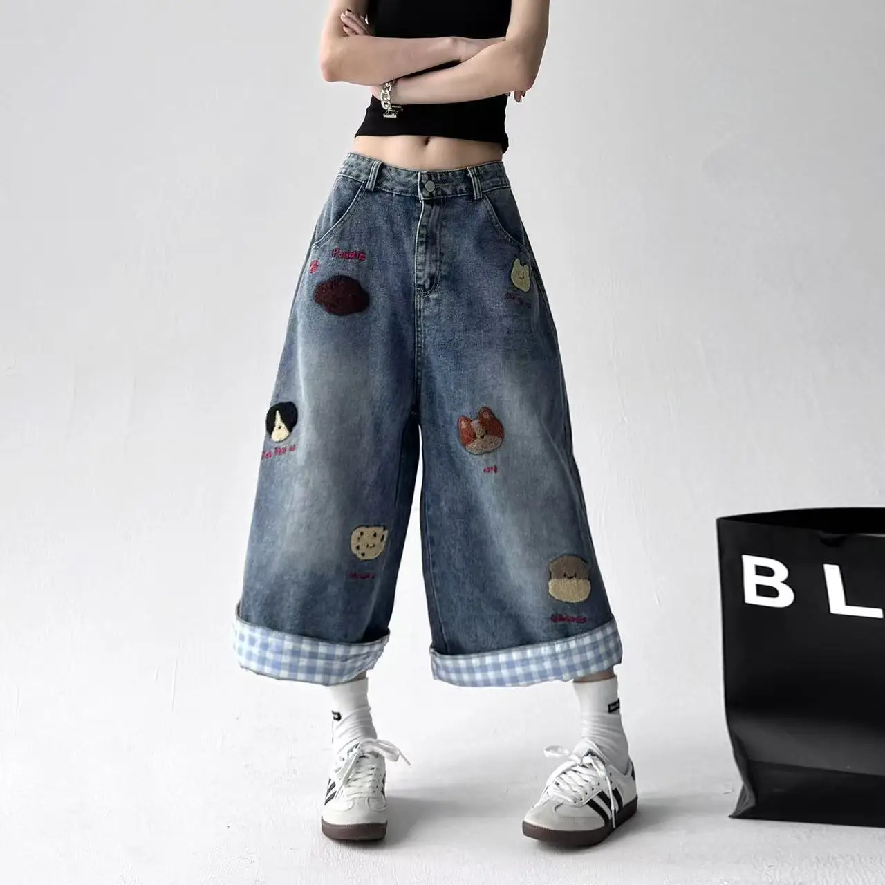 washed old puppy embroidered wide-leg denim shorts women's 2025 summer retro loose  thin cropped pants