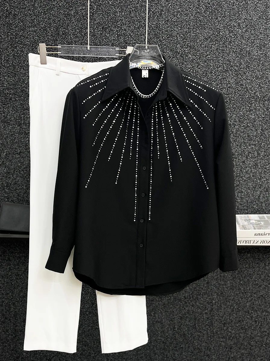 

Свободная повседневная рубашка с подплечниками и стразами, в корейском стиле, из полиэфирного волокна, для молодежи, на каждый день, с длинными рукавами, на пуговицах