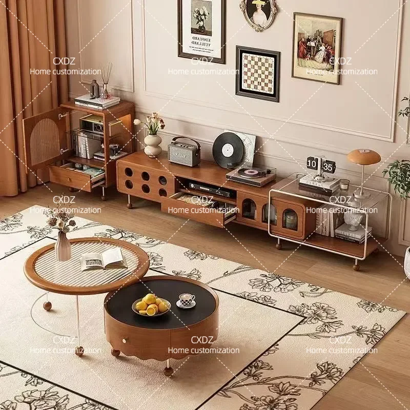 French Retro Telescopic TV Cabinet Solid Wood Storage Unit for Small Apartment Living Room Household Floor Media Console